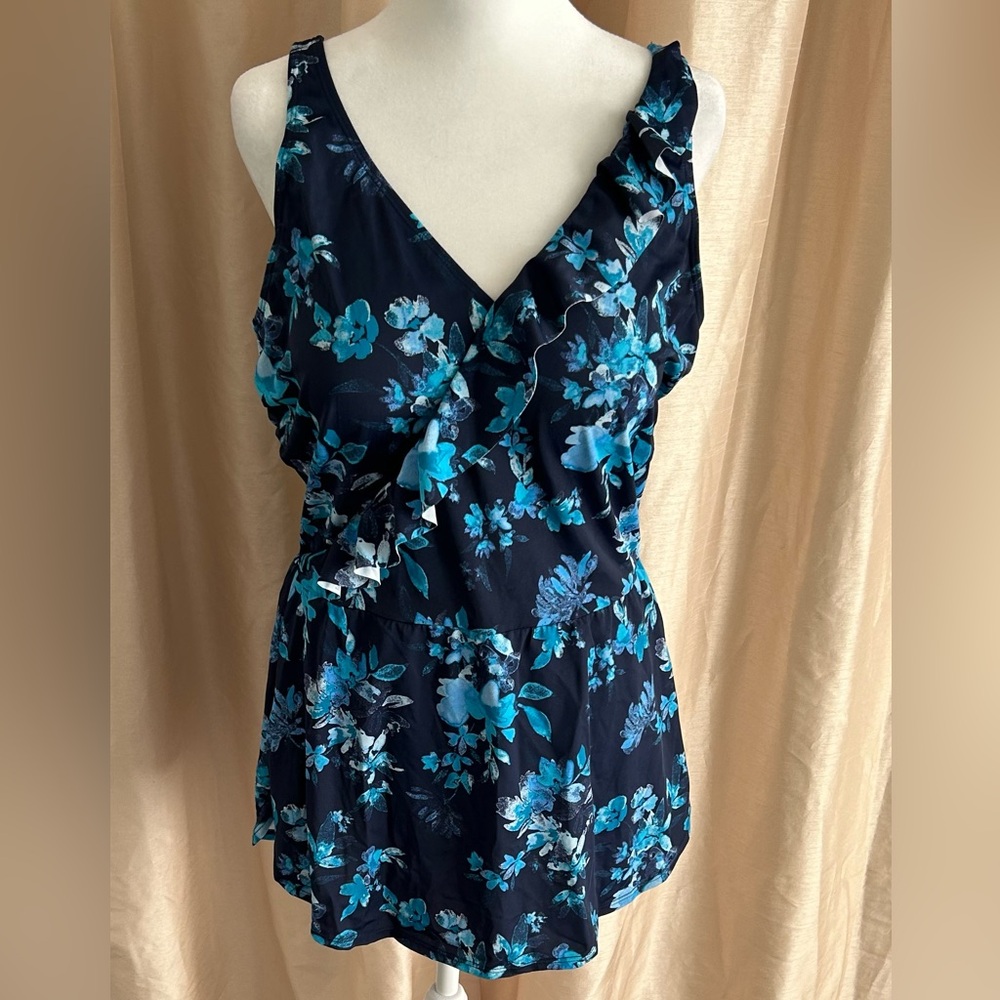 New Denim & Co. Beach Ruffle Trim V-Neck Swim Dress Navy Floral size 14
